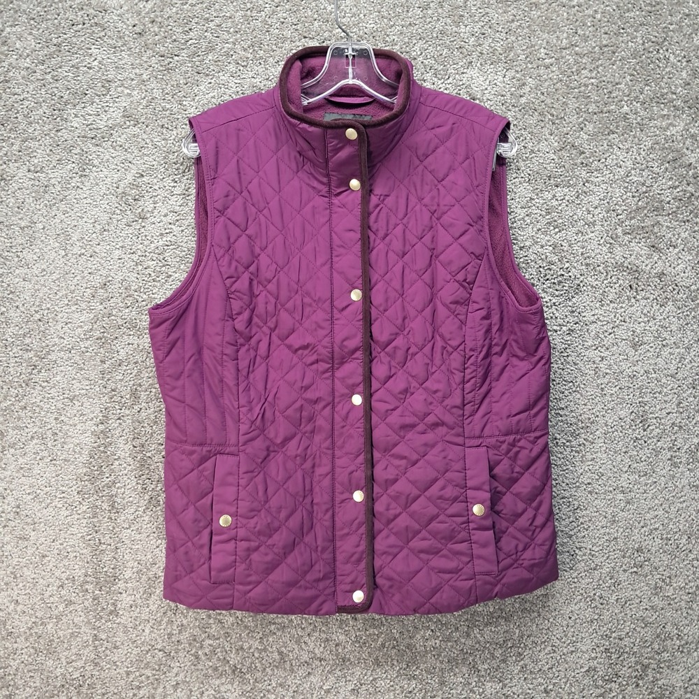 Talbots Womens Quilted Fleece Lined Vest Purple Large Diamond Snap Front 7787